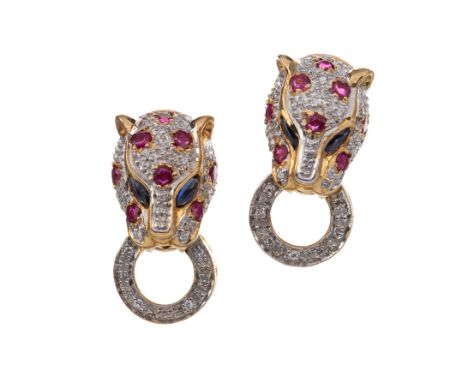 RUBY AND DIAMOND PANTHER RING, set with round rubies and diamonds, marked 750, size I 1/2, along with a matching pair of earr