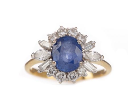 SAPPHIRE AND DIAMOND CLUSTER RING, set with an oval sapphire flanked by round brilliant, baguette and marquise cut diamonds t