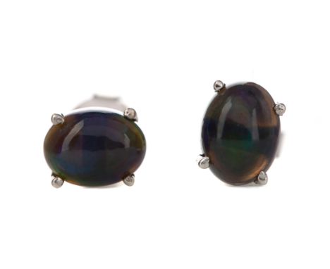 PAIR OF BLACK OPAL EARRINGS, set with cabochon black opal stones, in silver, 1.4g