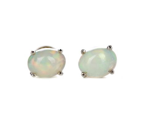 PAIR OF ETHIOPIAN OPAL STUD EARRINGS, set with cabochon opals, in silver