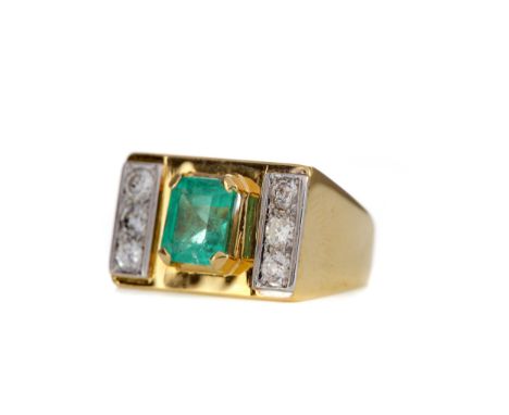 EMERALD AND DIAMOND RING, set with an emerald cut emerald of approximately 1.50 carats flanked by round brilliant cut diamond