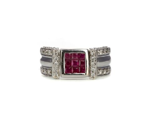 RUBY AND DIAMOND SWIVEL RING, one panel set with princess cut diamonds, the other rubies, with round brilliant cut diamond bo
