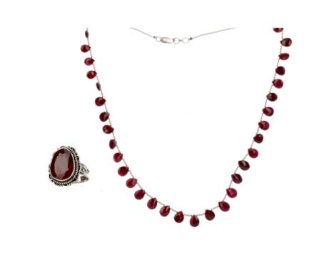 RUBY NECKLACE, set with faceted pear shaped rubies interspaced by silver beads with silver clasp, 48cm long, along with a rub