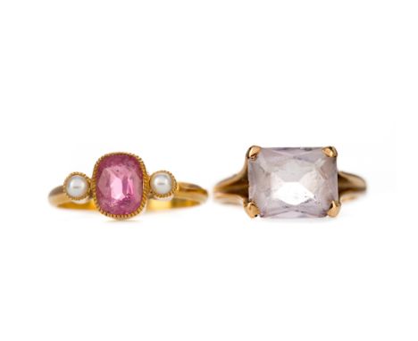 PURPLE GEM SET RING, the faceted light purple gem 10mm long, in nine carat gold, size L, 2.8g, along with a pink gem set and 