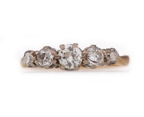 DIAMOND FIVE STONE RING, the old cut diamonds totalling approximately 0.50 carats, marked 18CT, size K, 3.1g