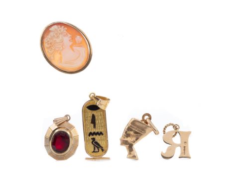 COLLECTION OF PENDANTS, four marked for nine carat gold including Nefertiti, red gem set, an opal and diamond and an 'R' init