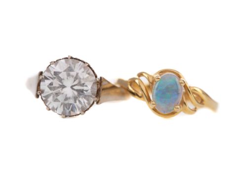 ETHIOPIAN OPAL RING, marked 18K and 750, size M, 2.7g, along with a large white gem set ring, marked 18CT, size L 1/2, 4.5g (