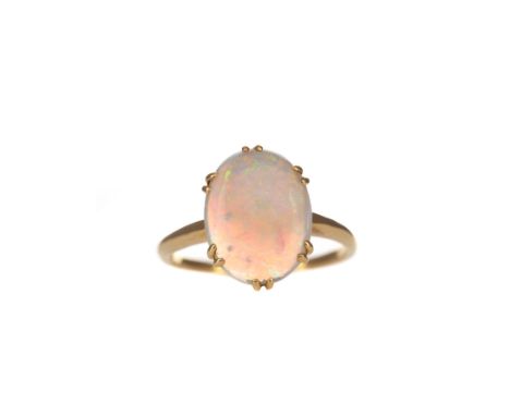 OPAL RING, set with a cabochon opal 12.4x10mm, marked 18CT, size M, 3.3g