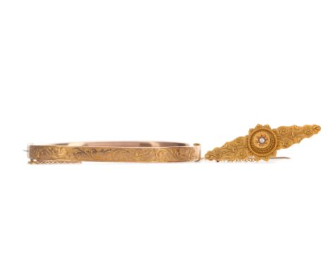 SEED PEARL BROOCH, set with central seed pearl flanked by flower motifs, in fifteen carat gold, 2.8g, along with an unmarked 