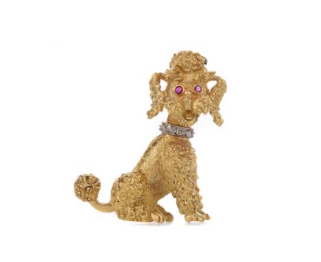 RUBY AND DIAMOND SET POODLE BROOCH, set with ruby eyes and diamond collar, the round brilliant cut diamonds totalling approxi