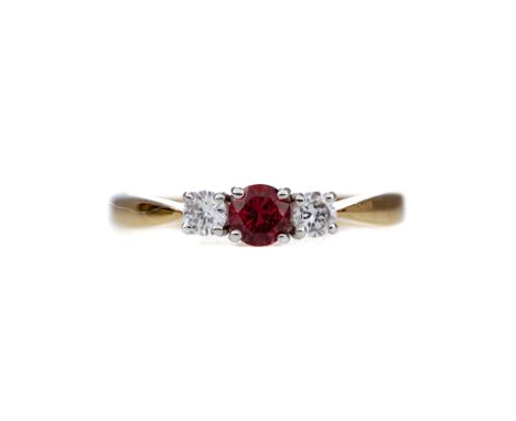 RUBY AND DIAMOND THREE STONE RING, the round ruby of approximately 0.48 carats flanked by round brilliant cut diamonds totall