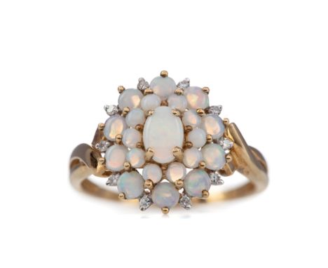 OPAL CLUSTER RING, set with oval and round opals, with round brilliant cut diamonds totalling approximately 0.10 carats, in n