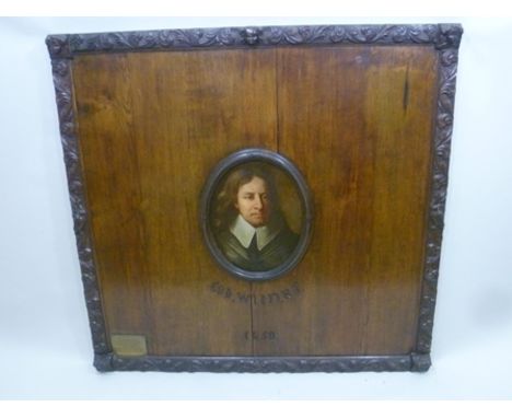 17TH CENTURY OIL PAINTING ON CANVAS, Oliver Cromwell, portrait, set within a large oak panel with 17th century carved panel f