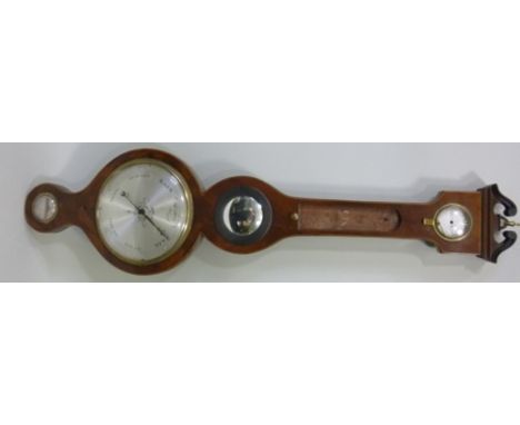 BELLATI - GRANTHAM A 19TH CENTURY MAHOGANY BANJO BAROMETER, having boxwood strung surround, mercurial column action, silvered