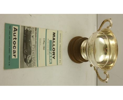 EDWARD VINERS A TWIN HANDLED SILVER TROPHY CUP awarded to the driver of an E-type Jaguar for 1st place in a motor race at Mal