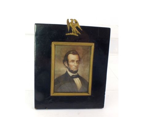 A 19TH CENTURY MINIATURE PORTRAIT PAINTING "President Abraham Lincoln", a Watercolour on ivory panel, 8cm x 6cm, in black lac