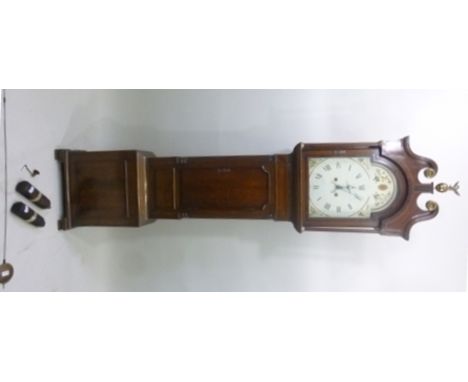 UNNAMED A VICTORIAN OAK AND MAHOGANY LONGCASE CLOCK, having hood with swan neck pediment, veneered and boxwood strung decorat