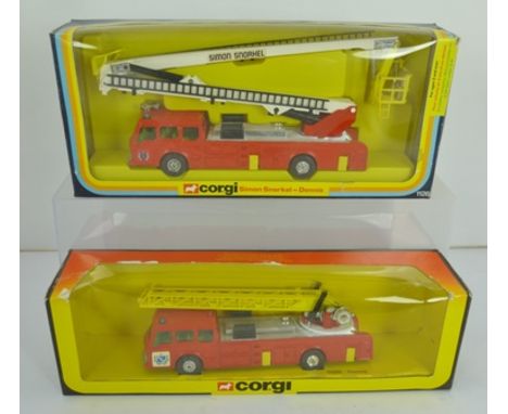 CORGI SIMON SNORKEL-DENNIS FIRE ENGINE no.1126 1979, in original vending box, together with CORGI DENNIS FIRE ENGINE no.1120 