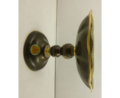 A CHINESE CLOISONNE COMPORT of substantial proportions, ebony fish scale ground, with decorative rim and central panel, on ba