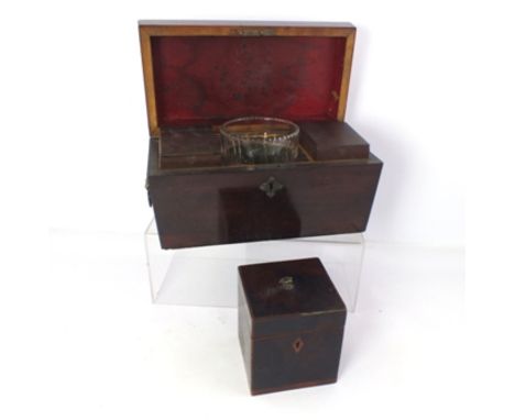 A GEORGE III MAHOGANY TEA CADDY, of cube form with string inlay, fitted small brass handle and inner cover, 10.5cm wide, toge