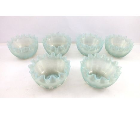 A SET OF SIX EDWARDIAN RIDGED OPAL GLASS FINGER BOWLS, with crimped rims, 12.5cm diameter 