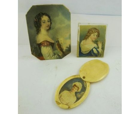 A 19TH CENTURY PORTRAIT MINIATURE of a lady with bird of prey, 12cm x 9cm, together with TWO OTHER MINIATURES 