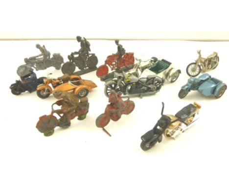 A SELECTION OF TWELVE VARIOUS DIE-CAST MOTORCYCLES AND CYCLISTS, to include Lesney Triumph, Harley Davidson etc. 