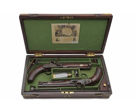 E. BOND, LONDON A GOOD CASED PAIR OF .650 FLINTLOCK OFFICER'S PISTOLS, no visible serial numbers, circa 1814, with browned ro