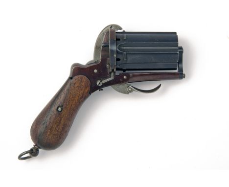A .380 PINFIRE PEPPERBOX-REVOLVER, UNSIGNED, no visible serial number, Belgian circa 1870, with reblued six-shot 2 1/8in. flu