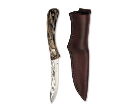 RAY WARD GUNSMITHS, LONDON A BOXED HAND-MADE CUSTOM DAMASCUS SPORTING-KNIFE, MODEL 'FOSSILISED MAMMOTH', serial no. 0002, wit