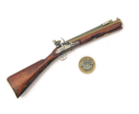 AN INERT MINIATURE FLINTLOCK BRASS-BARRELLED BLUNDERBUSS WITH FOLDING BAYONET, UNSIGNED, no visible serial number, approximat