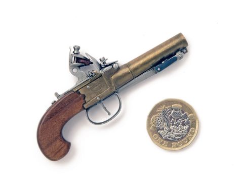 AN INERT MINIATURE FLINTLOCK BRASS-BARRELLED BOXLOCK PISTOL WITH FOLDING BAYONET, UNSIGNED, no visible serial number, approxi