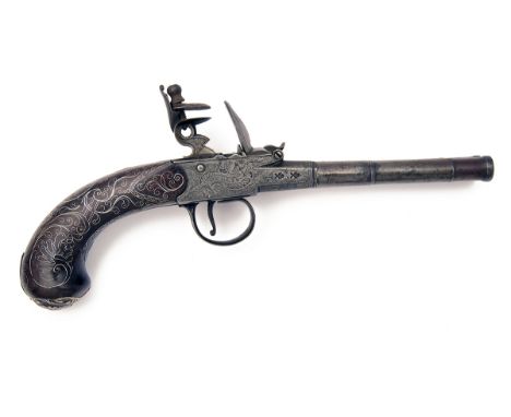 HARPUR, DUBLIN A RARE PAIR OF 50-BORE FLINTLOCK DOUBLE-BARRELLED PISTOLS WITH SILVER DECORATION, no visible serial numbers, c