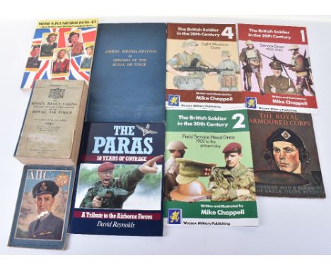 Collection of Reference Books on the British Army, badges, uniforms and the RAF. Includes Dress Regulations 1929, reprinted w