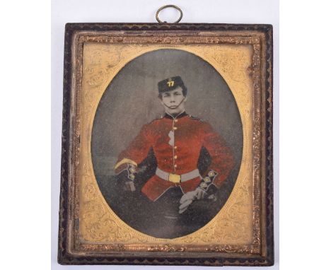 Crimean War Period Ambrotype Photograph 77th (East Middlesex) Regiment of Foot, fine hand coloured image, wearing scarlet tun