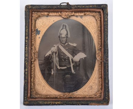 Early Victorian Ambrotype Photograph of a Yeomanry Officer, showing the officer seated wearing special pattern blackened dres