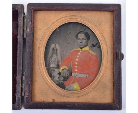 Crimean War Period British Yeomanry Regiment Ambrotype Photograph, fine hand coloured example with the subject wearing scarle