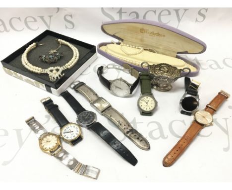 A collection of vintage gents watches including Garrand, Actua, Timex, Trafalgar, Tissot and pearl necklaces. Postage categor