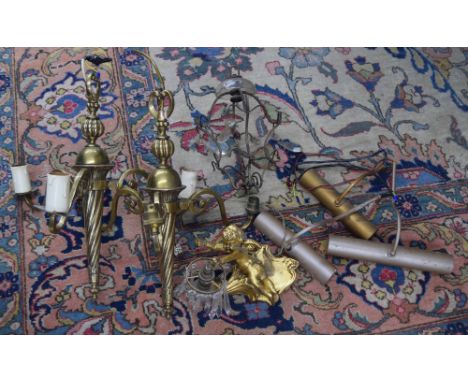 Selection of decorative light fittings; pair of brass three sconce candelabra, assorted picture frame lights and a gilt cheru