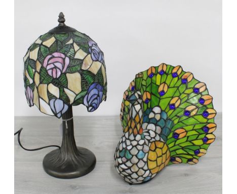 Tiffany style table lamp&nbsp;with stained glass roses shade, 17" high; together with a Tiffany style peacock shape table lam