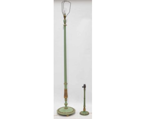 Green and gilt highlighted painted standard lamp, with leaf base and reeded support, 55" high including fitting (shade); toge