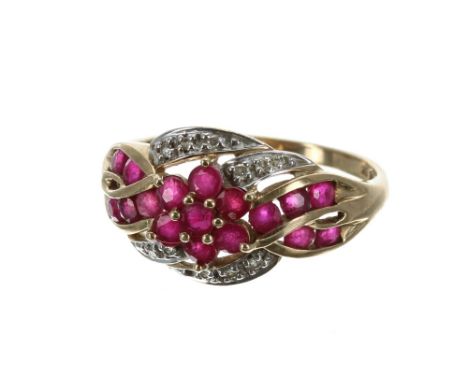 Ruby and diamond 9ct dress ring, 12mm, 2.7gm, ring size Q/R 