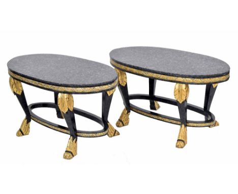 Good pair of decorative&nbsp;low oval lamp tables in the Regency manner,&nbsp;with granite tops on faux marble and gilt suppo