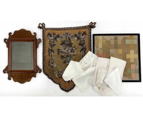 Victorian bead embroidered face shield screen, 16" wide, 20" high;&nbsp;together with a small Georgian fret wall mirror 17" h