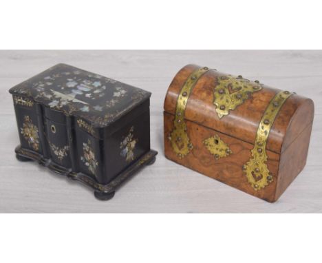 Victorian figured walnut and brass bound dome top work box, the hinged cover with engraved strapwork enclosing a lined interi
