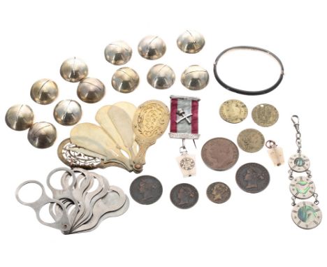 Small selection of interesting items to include three George III token coins, other coins, enamel bangle, gilt metal hand fan