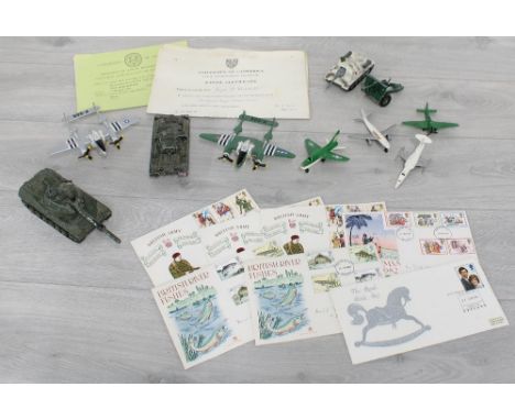 Selection of assorted vintage toys and ephemera&nbsp;including Dinky/ Corgi/ Matchbox etc., military vehicles and planes; sma