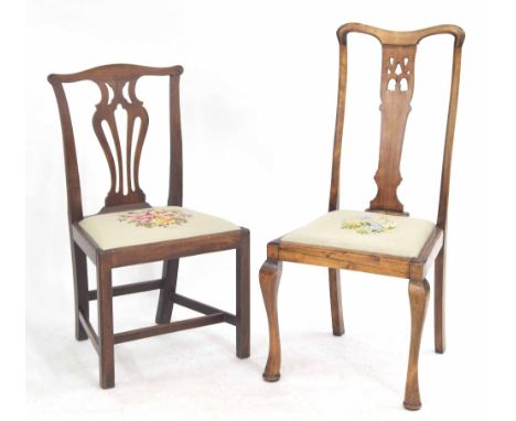 Two antique dining chairs,&nbsp;with pierced splats, the first 20" wide, 17" deep, 37" high, the other 21" wide, 22" deep, 42