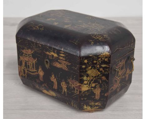 19th century Japanese lacquered caddy/chest with gilt pagoda landscape decoration,&nbsp;with twin brass handles,&nbsp; 10" wi