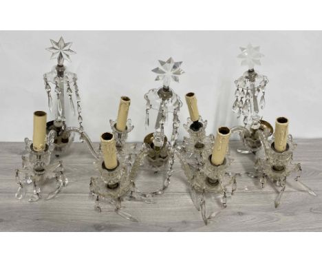 Three Georgian style glass crystal and prism drop twin-sconce wall light fittings&nbsp;(pair and a closely matched third), 14